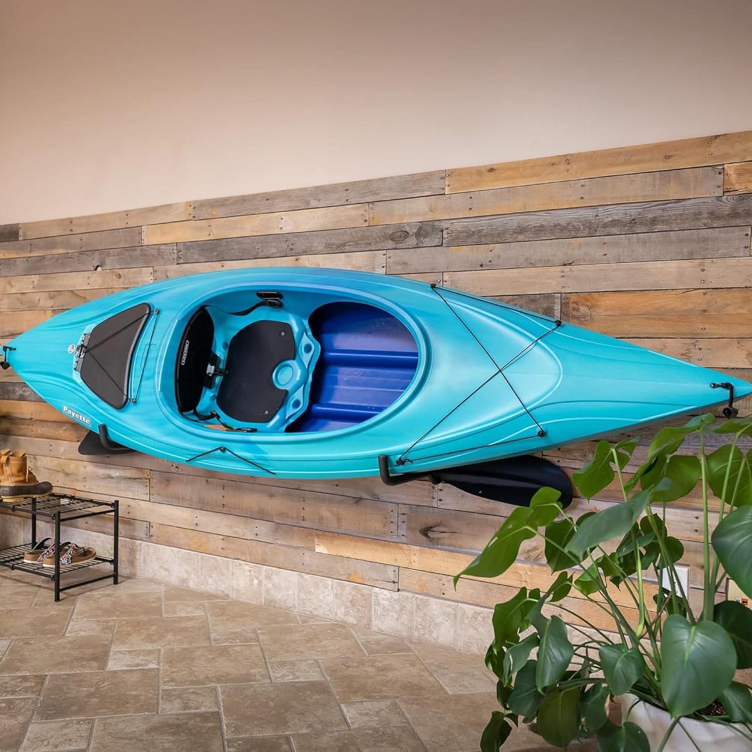 imageStoreYourBoard Roanoke Kayak Storage Rack Holds 100 lbs Kayak Wall Mount Hooks Kayak Rack for Garage Space Efficient Indoor Kayak Holder Solid Steel Protective PaddingStandard