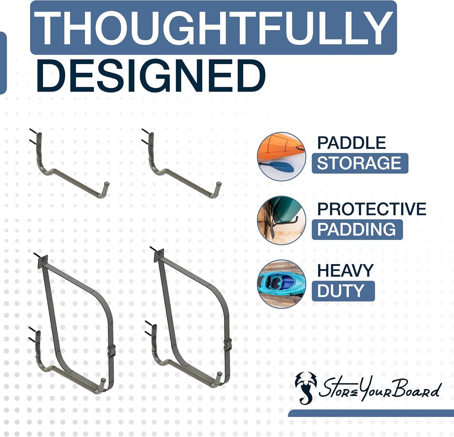 imageStoreYourBoard Roanoke Kayak Storage Rack Holds 100 lbs Kayak Wall Mount Hooks Kayak Rack for Garage Space Efficient Indoor Kayak Holder Solid Steel Protective PaddingStandard