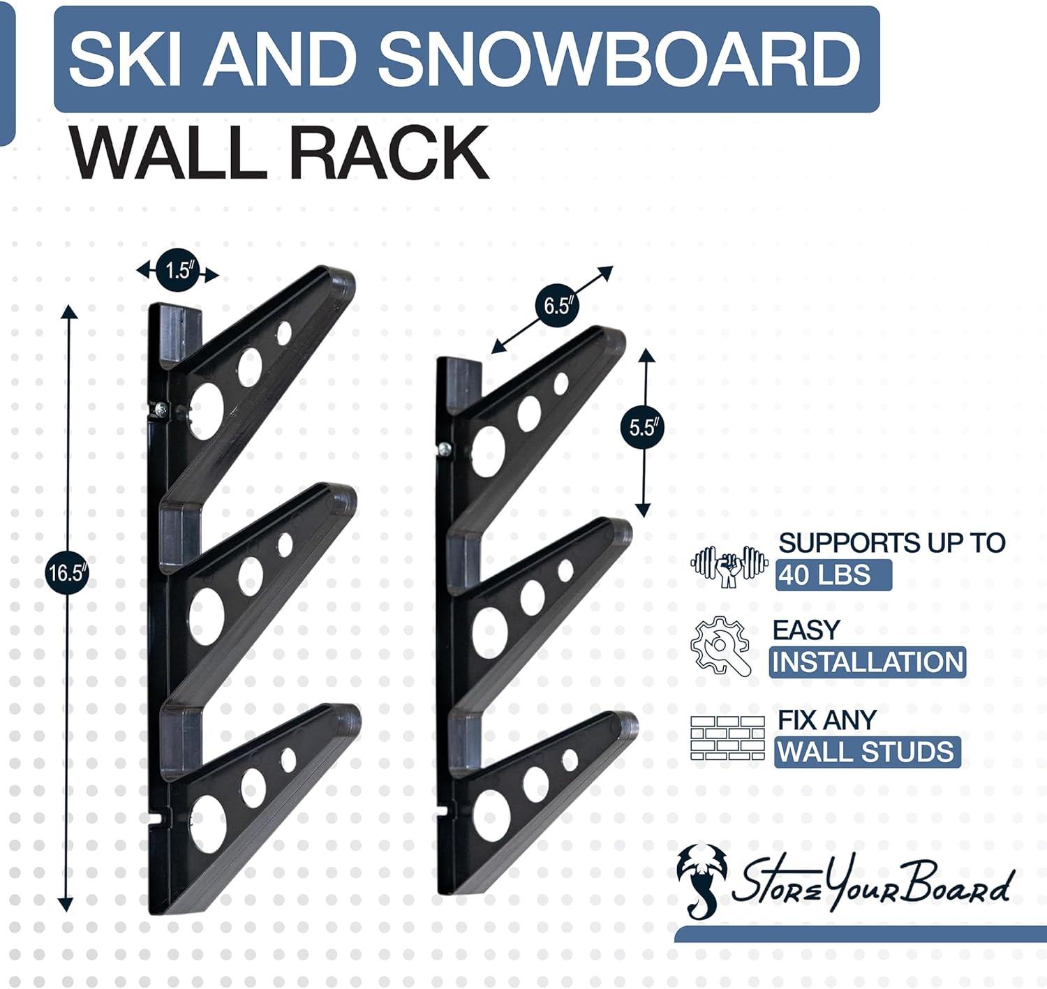imageStoreYourBoard Ski Wall Rack  Horizontal Ski Rack Wall Mount Holds 3 Pairs of Skis and Poles Ski and Snowboard Wall Rack for Garage or Home Holds Up to 40 lbs