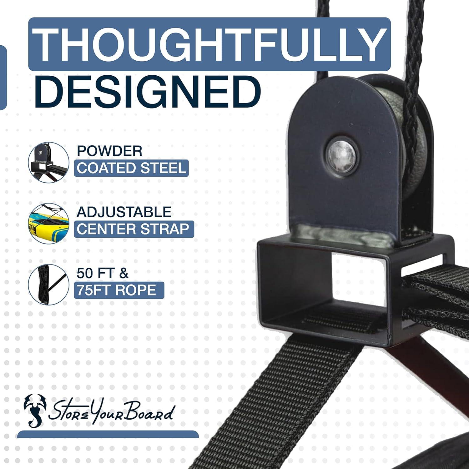 imageStoreYourBoard Standup Paddleboard and Surfboard Ceiling Storage Pulley System Garage Mount Hoist Heavy Duty Holds 150 lbs10 ft  14 ft Ceiling