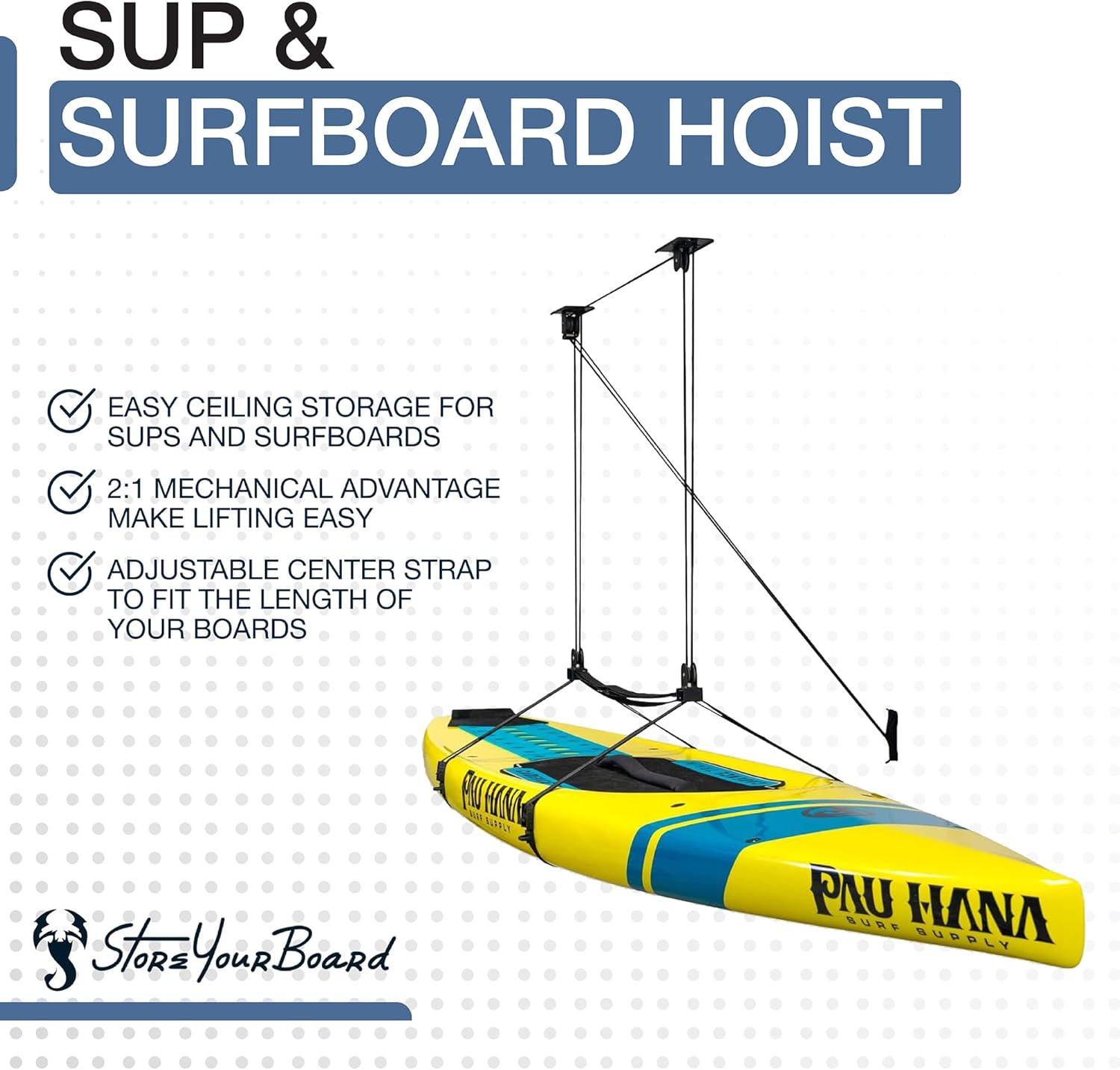 imageStoreYourBoard Standup Paddleboard and Surfboard Ceiling Storage Pulley System Garage Mount Hoist Heavy Duty Holds 150 lbs10 ft  14 ft Ceiling
