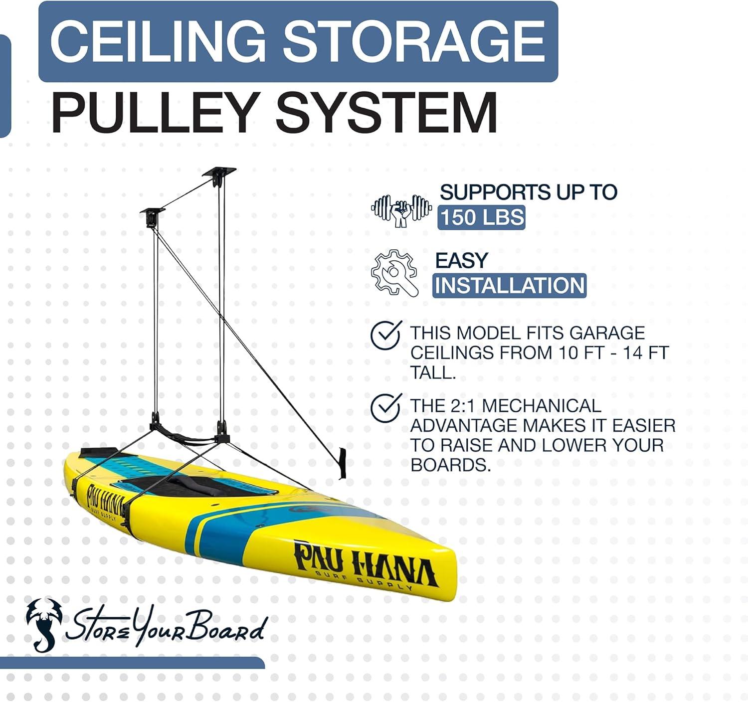 imageStoreYourBoard Standup Paddleboard and Surfboard Ceiling Storage Pulley System Garage Mount Hoist Heavy Duty Holds 150 lbs10 ft  14 ft Ceiling
