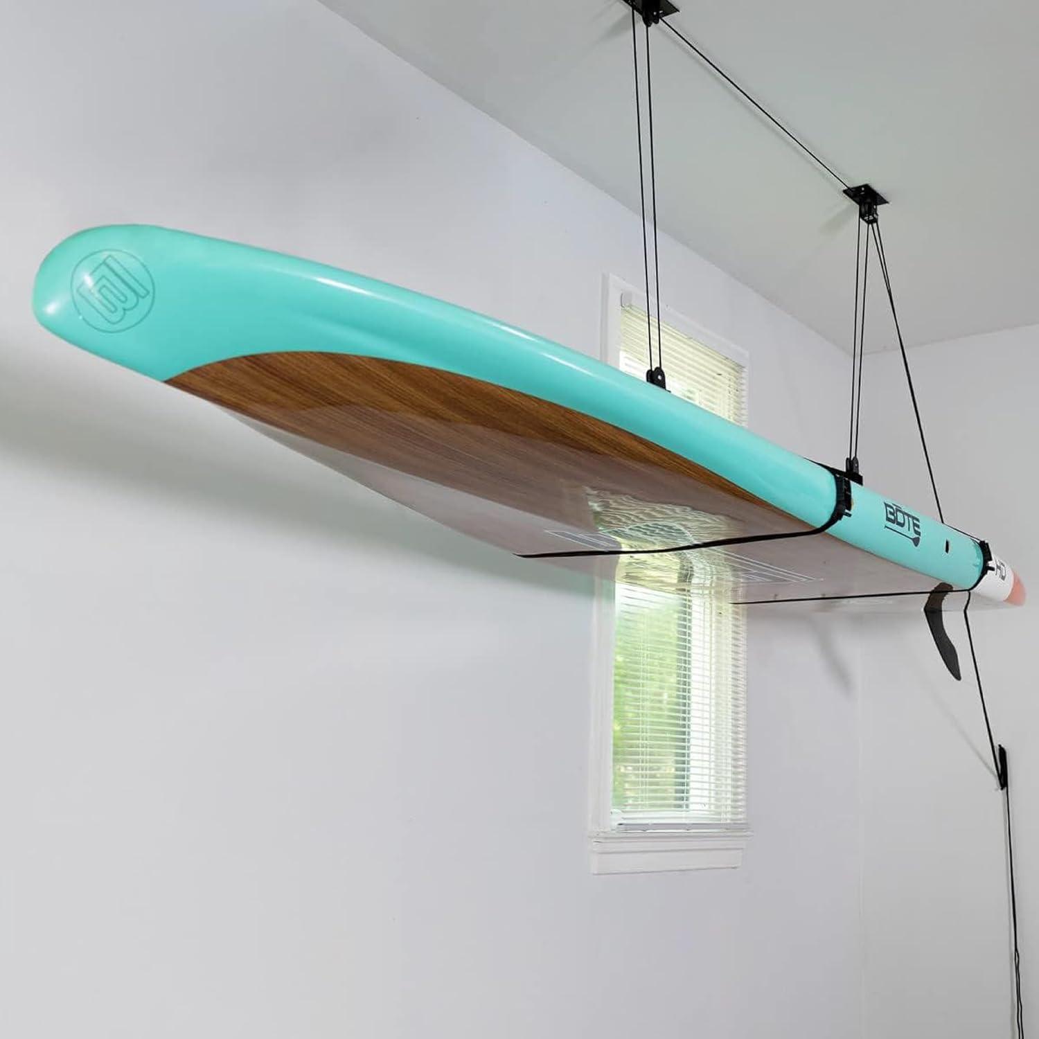imageStoreYourBoard Standup Paddleboard and Surfboard Ceiling Storage Pulley System Garage Mount Hoist Heavy Duty Holds 150 lbs10 ft  14 ft Ceiling