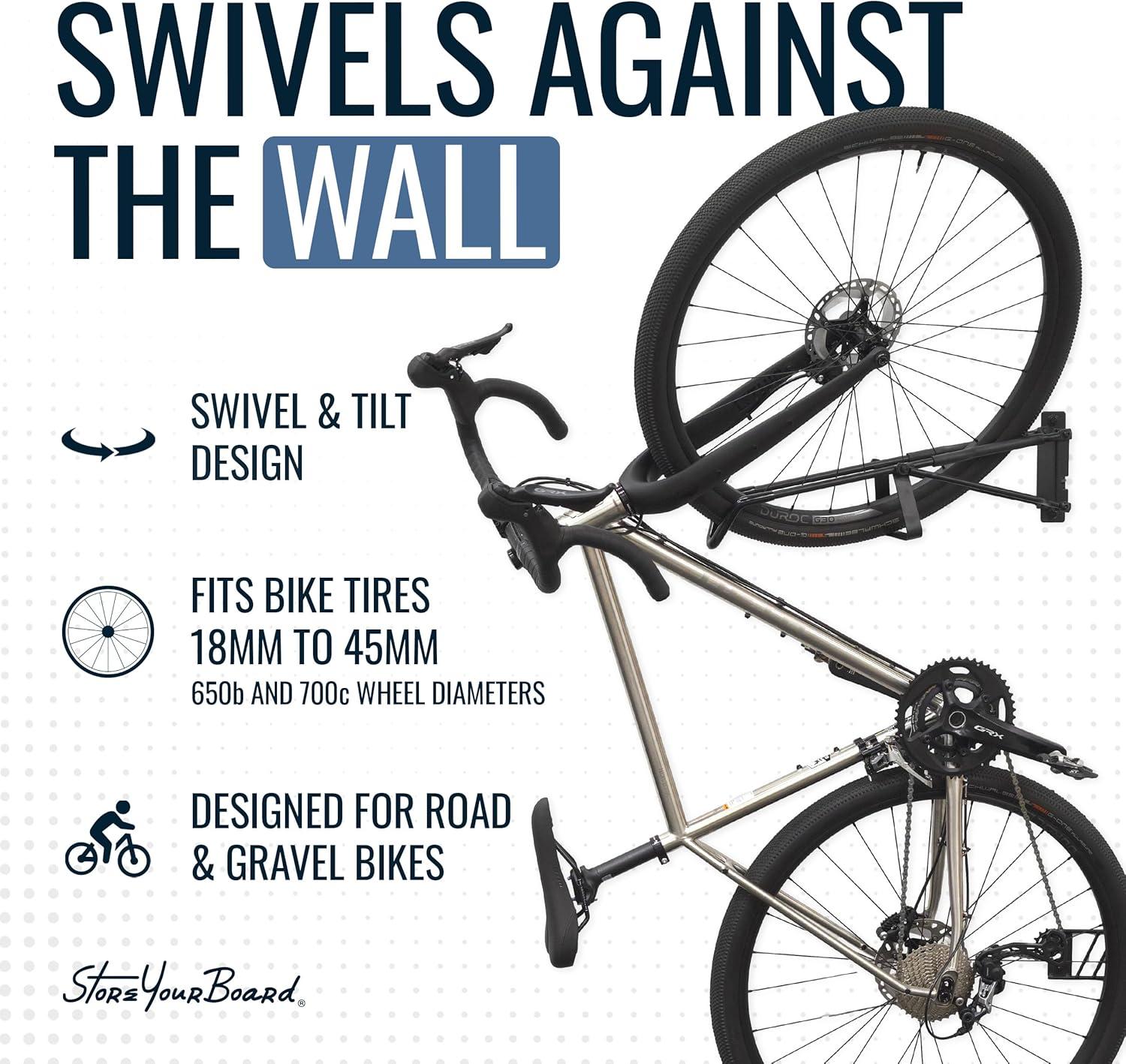 imageStoreYourBoard SwivelStow Road ampamp Gravel Bike Storage 2 Pack  Heavy Duty Bike Hanger NoLift Bike Wall Mount for Garage Bike Storage Holds 70 lbs PatentPending2 Pack