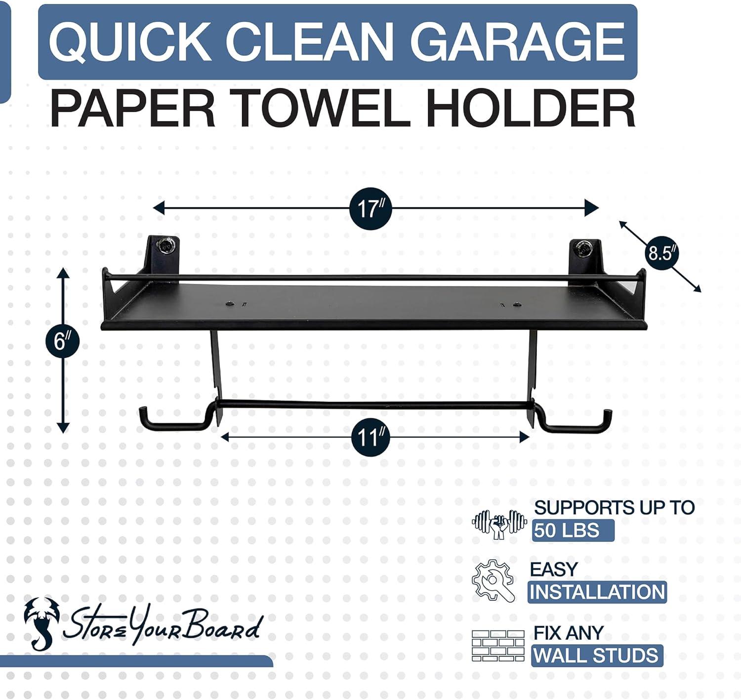 imageStoreYourBoard The Original Quick Clean Garage Paper Towel Holder Wall Mount Shelf OneHand Tear Garage Organization and Storage Rack Holds 50 lbs