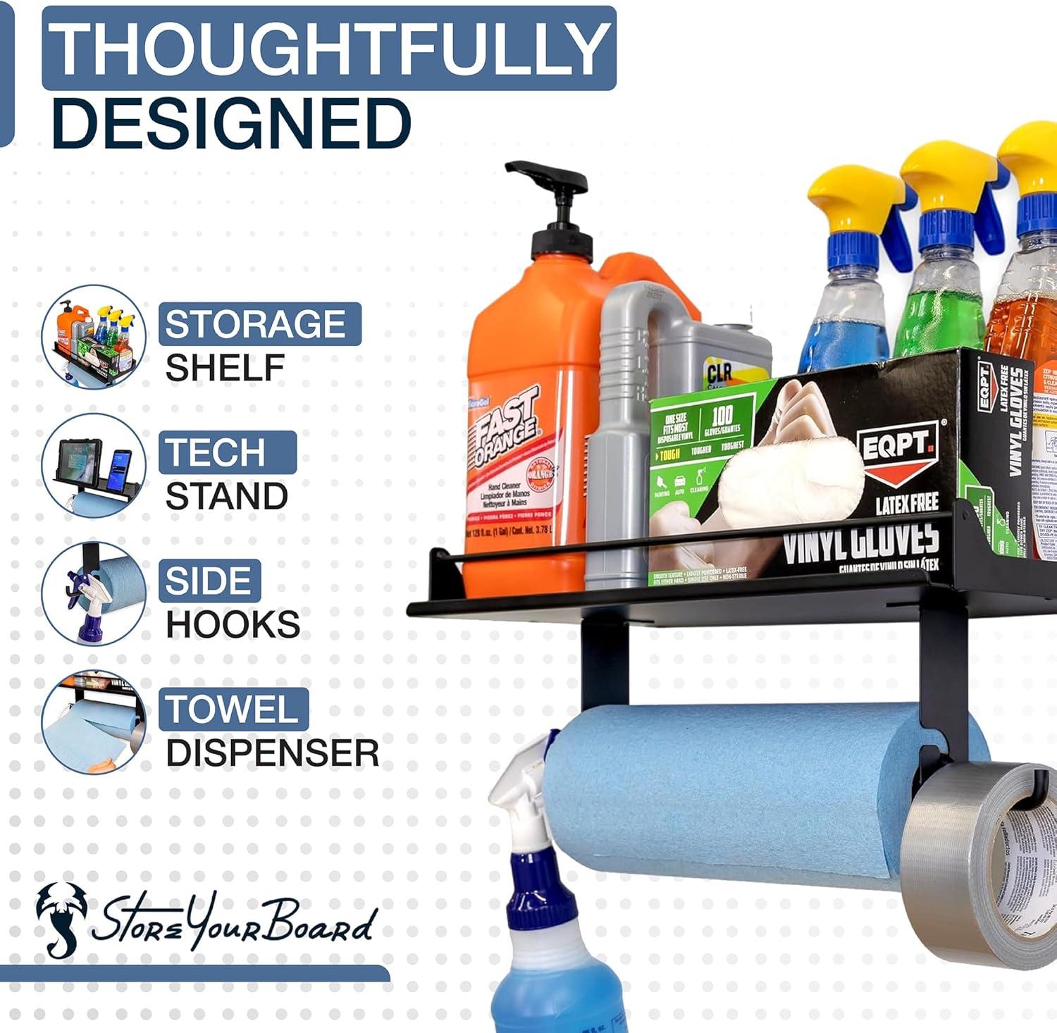 imageStoreYourBoard The Original Quick Clean Garage Paper Towel Holder Wall Mount Shelf OneHand Tear Garage Organization and Storage Rack Holds 50 lbs