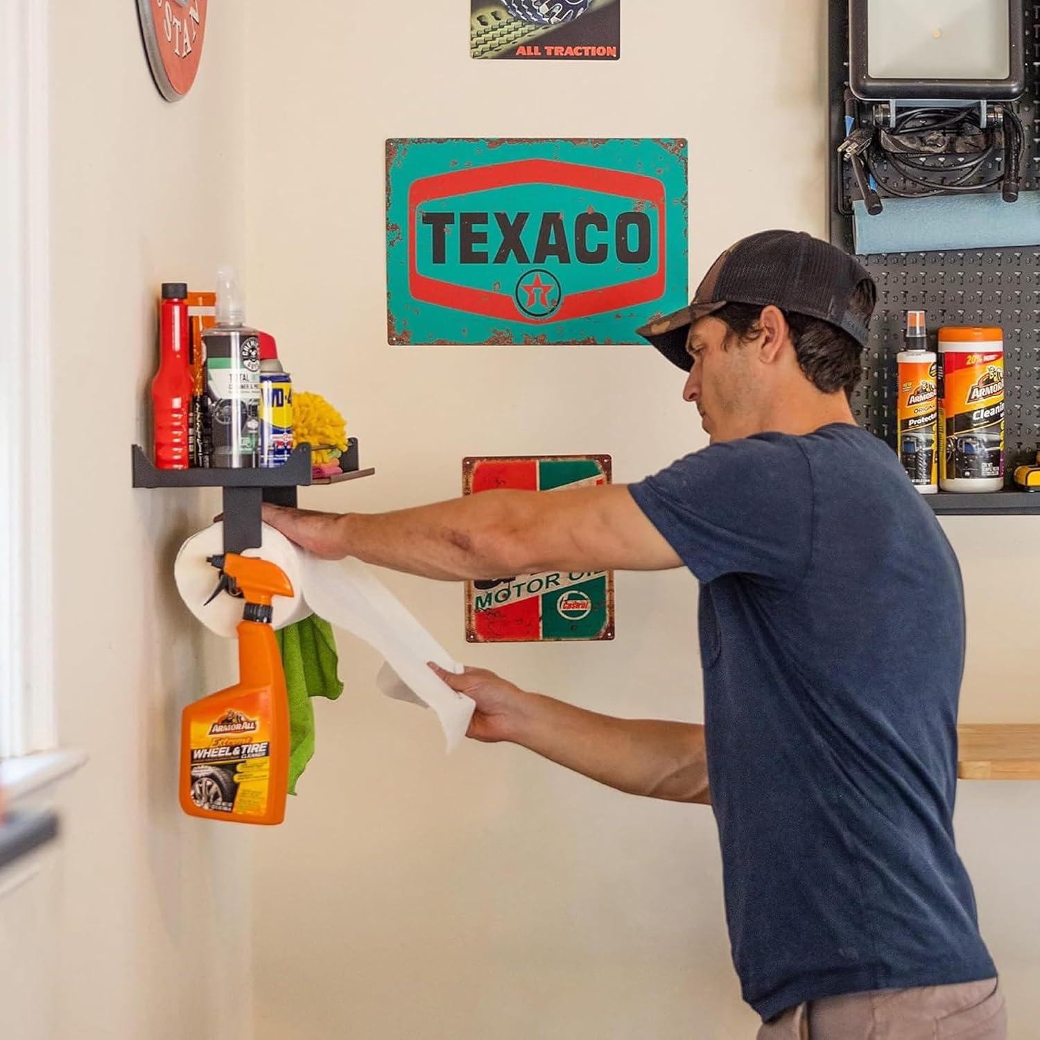 imageStoreYourBoard The Original Quick Clean Garage Paper Towel Holder Wall Mount Shelf OneHand Tear Garage Organization and Storage Rack Holds 50 lbs