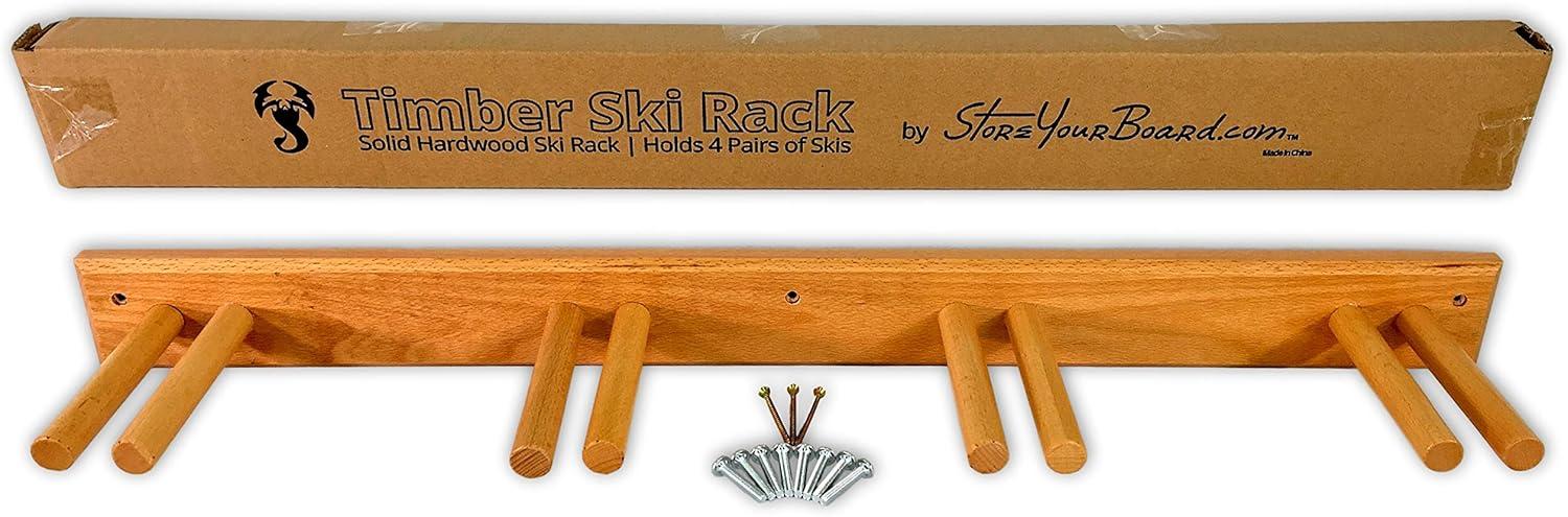 imageStoreYourBoard Timber Ski Wall Rack 4 Pairs of Skis Storage Wood Home and Garage Mount System Natural WoodNatural