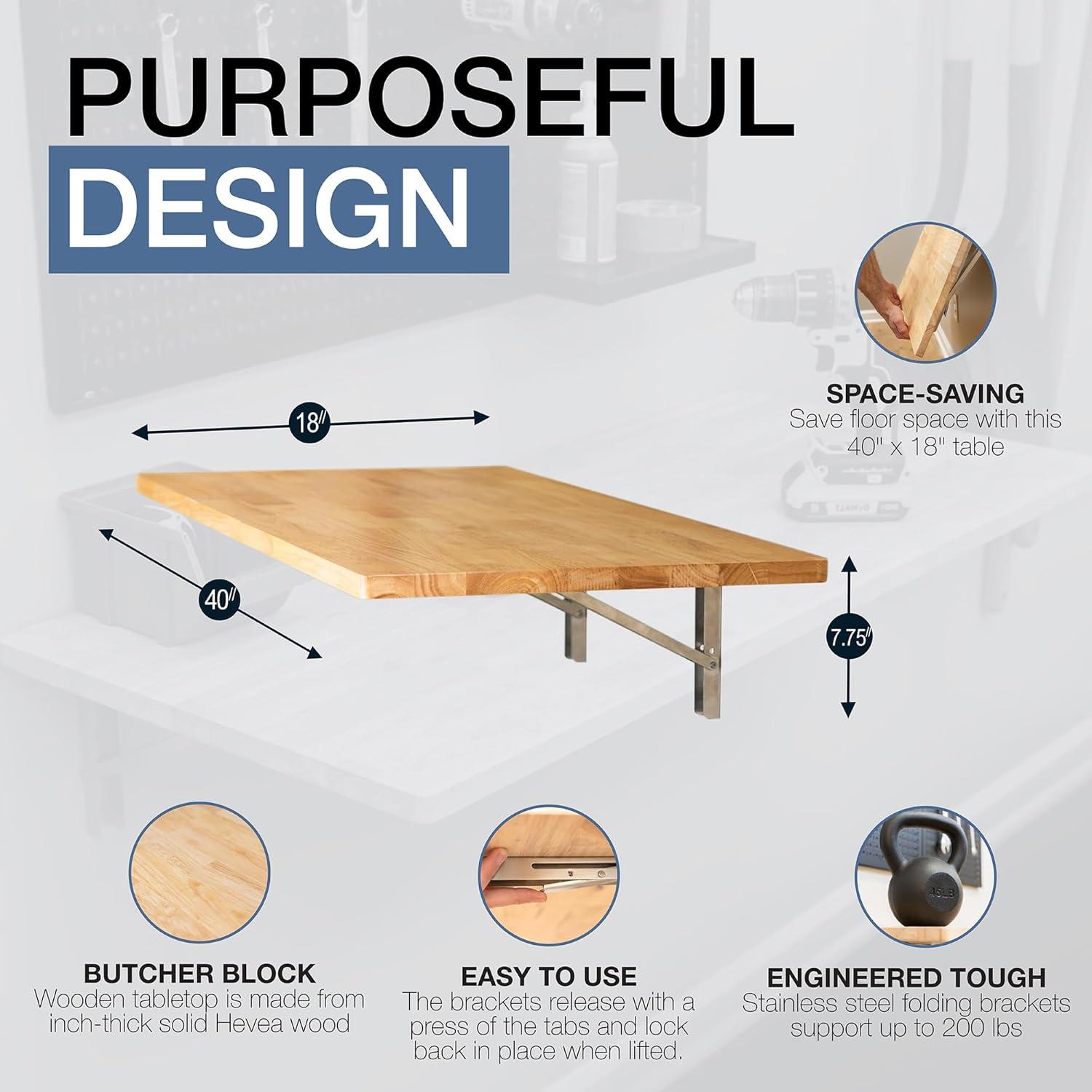 imageStoreYourBoard Wakefield Fold Away Wall Mounted Work Bench Butcher Block Hardwood Table 40 in x 18 in Folding Work Area Supports up to 200 lbs