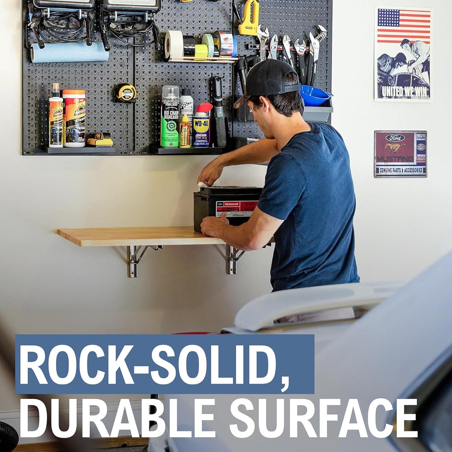 imageStoreYourBoard Wakefield Fold Away Wall Mounted Work Bench Butcher Block Hardwood Table 40 in x 18 in Folding Work Area Supports up to 200 lbs