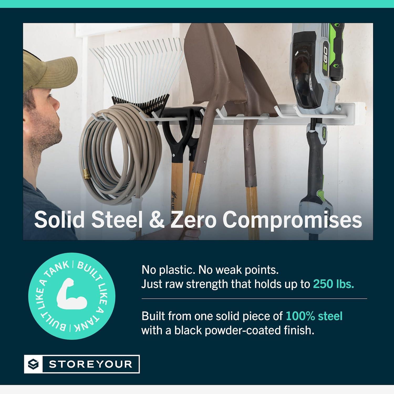 imageStoreYourBoard WallMounted Rack With 4 Garage Hooks  HeavyDuty Steel Holder Garage ampamp Garden Storage for Shed Workshop or Home Organization  For Rakes Shovels Tools ampamp More  1 Pack BlackGray