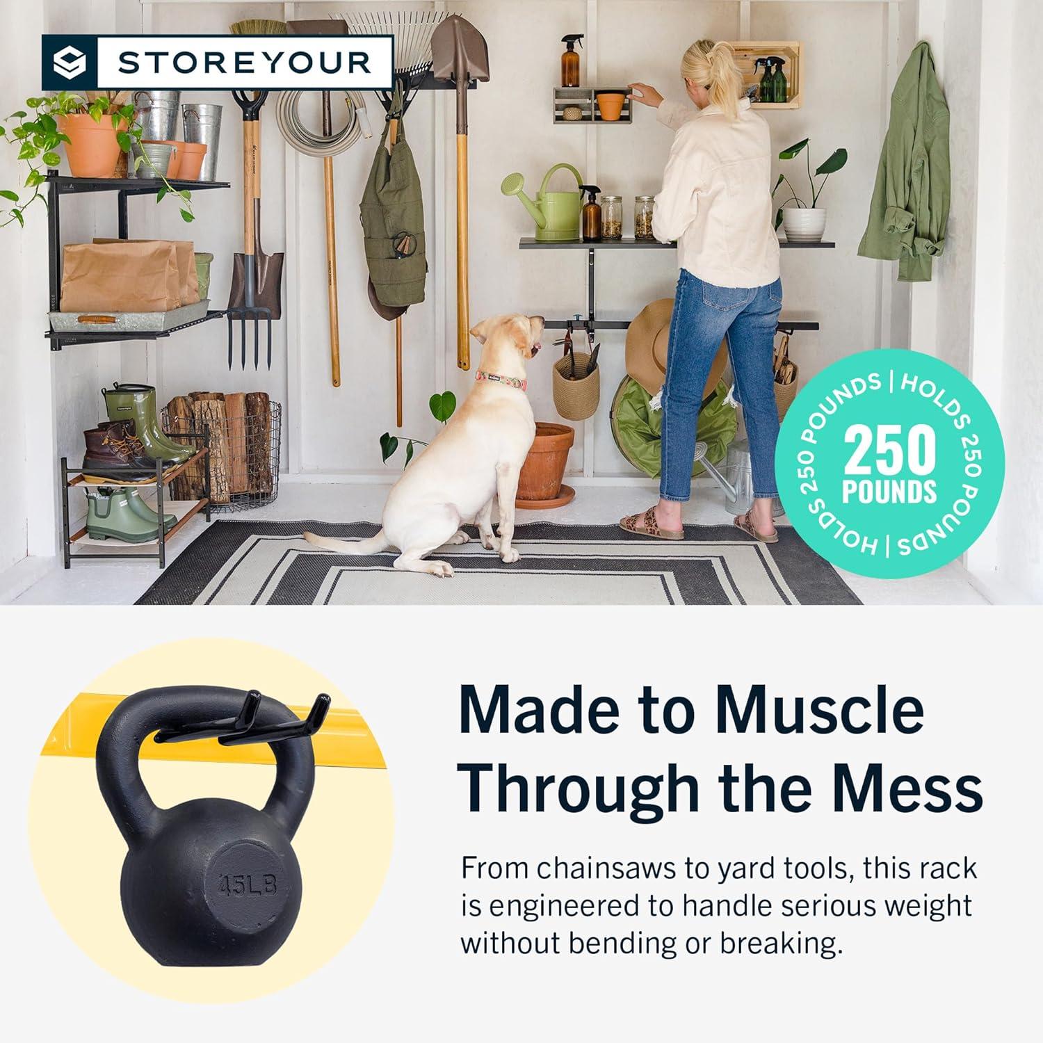 imageStoreYourBoard WallMounted Rack With 4 Garage Hooks  HeavyDuty Steel Holder Garage ampamp Garden Storage for Shed Workshop or Home Organization  For Rakes Shovels Tools ampamp More  1 Pack BlackTractor