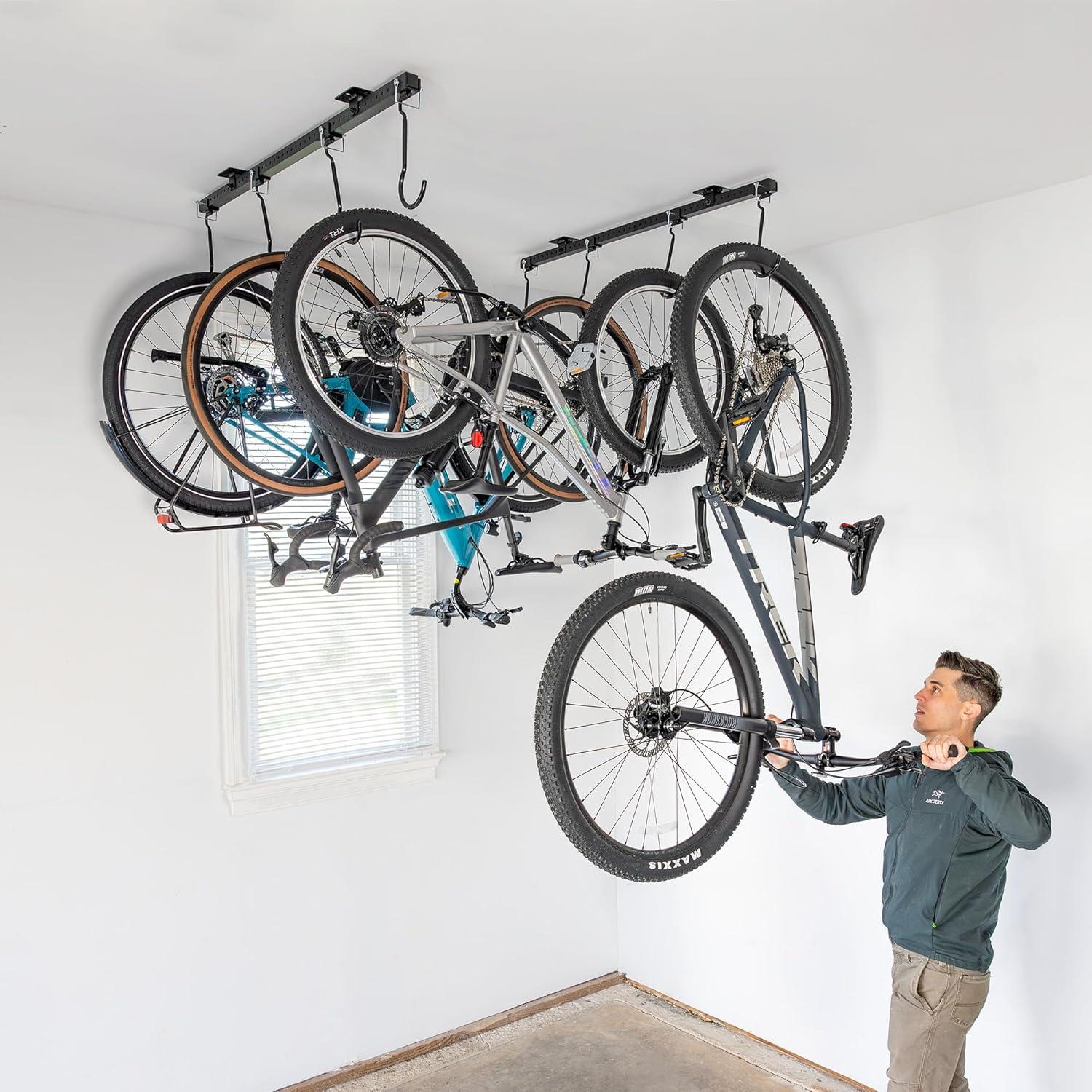 imageTeal Triangle Ceiling Mounted Bike Rack for Garage  Premium Bicycle Stand ampamp Hanger for SpaceSaving Storage  Adjustable Ceiling Hooks Hold 48 Bikes  Indoor Bicycle Rack System for basement