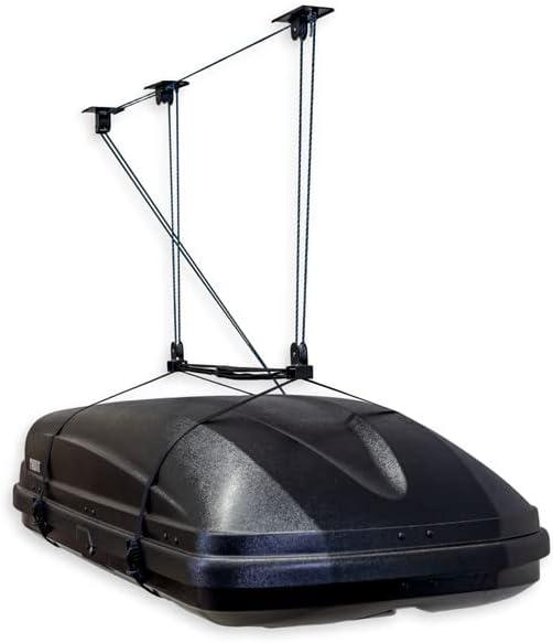 imageTeal Triangle Ceiling Storage Hoist for Cargo Box  Heavy Duty Garage Storage Lift  Garage Pulley Lift System Holds 150 lbs and Fits 810 ft Tall Garage Ceilings