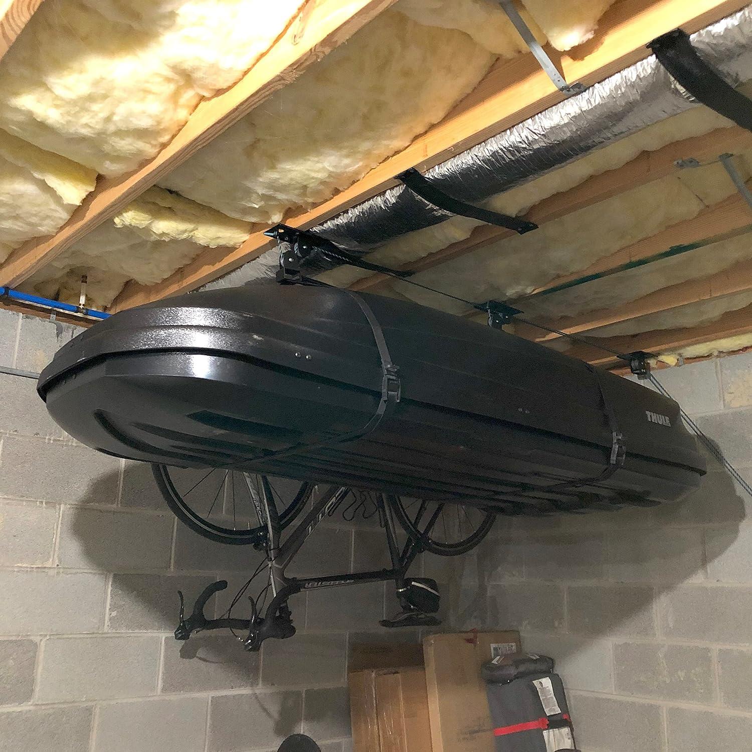 imageTeal Triangle Ceiling Storage Hoist for Cargo Box  Heavy Duty Garage Storage Lift  Garage Pulley Lift System Holds 150 lbs and Fits 810 ft Tall Garage Ceilings