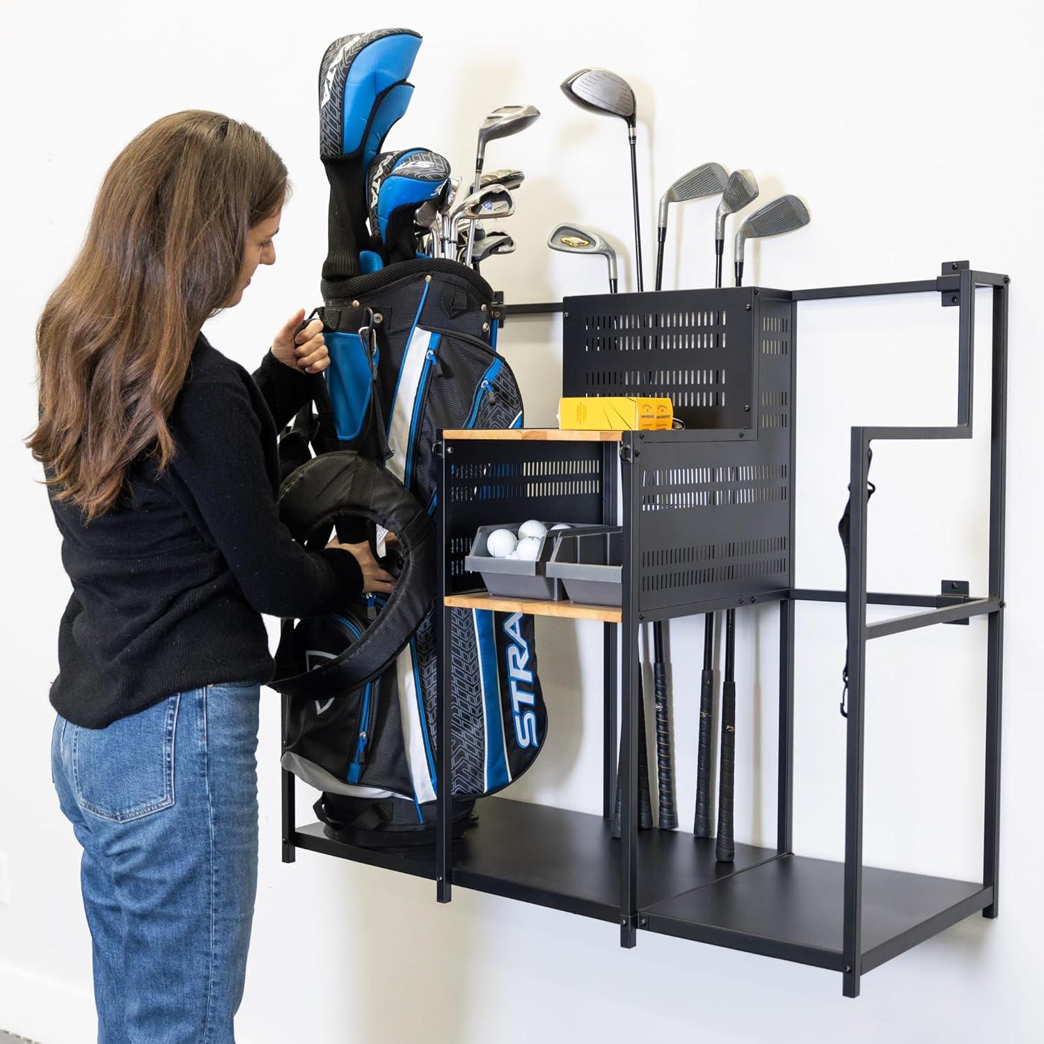 imageTeal Triangle Golf Storage Wall Mount Heavy Duty Garage Golf Rack Natural Hardwood Shelves Holds Golf Clubs Bags Golf Accessories