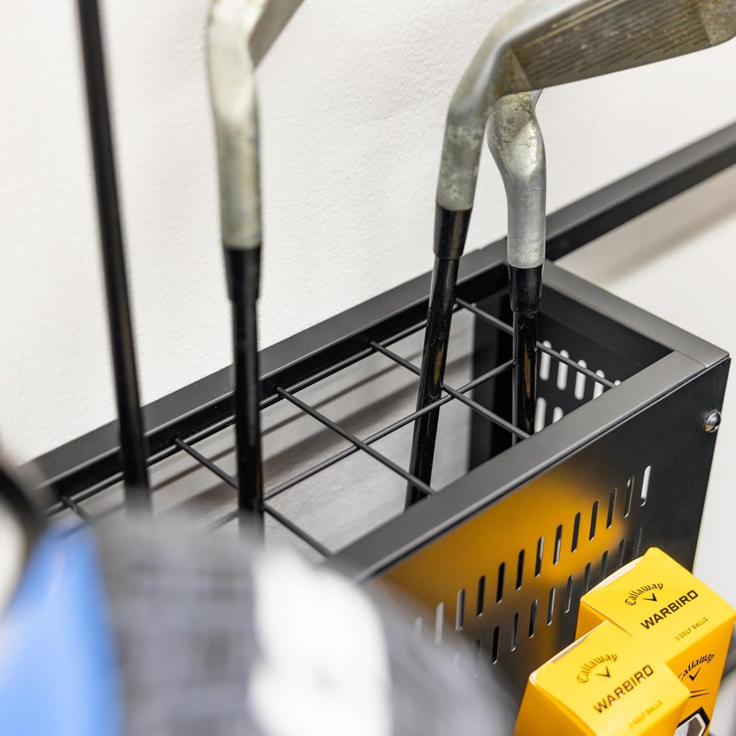 imageTeal Triangle Golf Storage Wall Mount Heavy Duty Garage Golf Rack Natural Hardwood Shelves Holds Golf Clubs Bags Golf Accessories