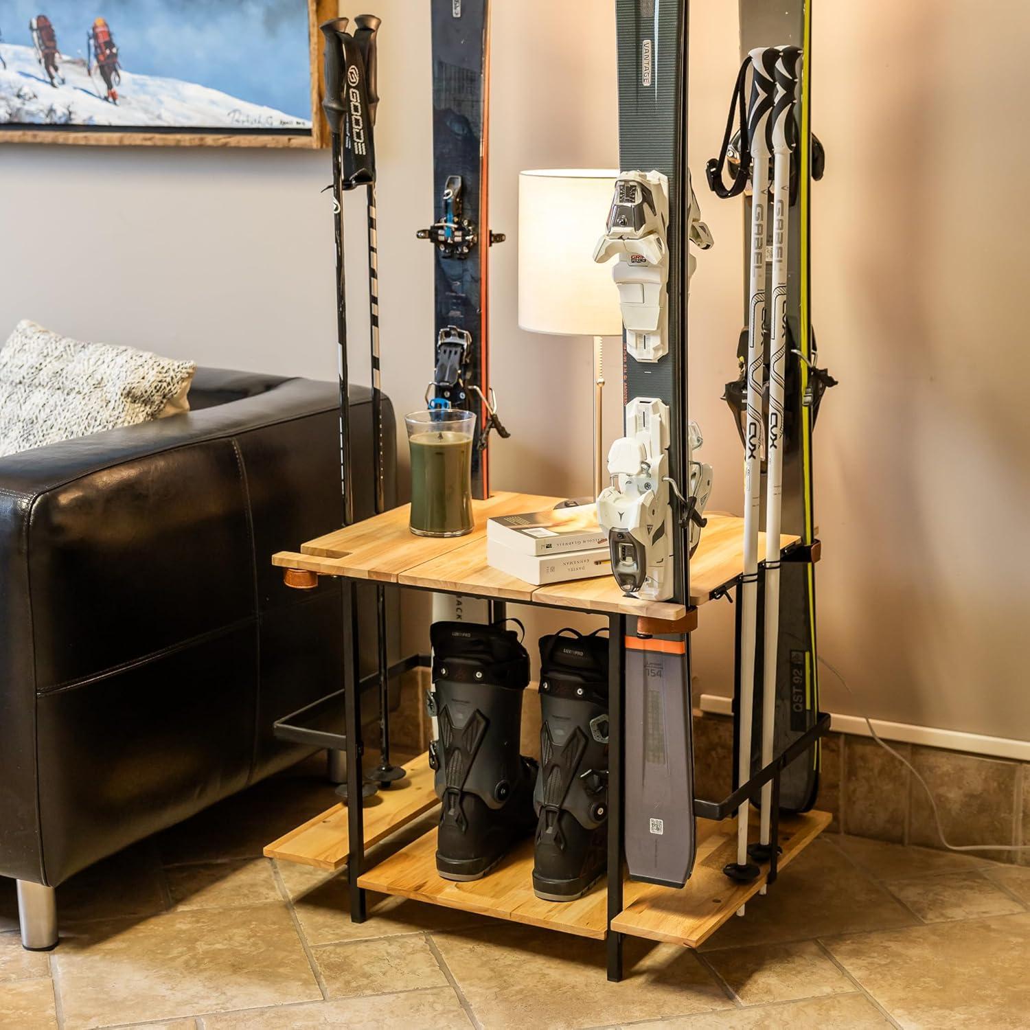 imageTeal Triangle Ski Storage Rack for Garage  Freestanding Ski Holders for 4 Pairs of Skis Ski Boot Poles Helmet and More Heavy Duty Steel Floor Stand Ski Organizer for Garage Basement