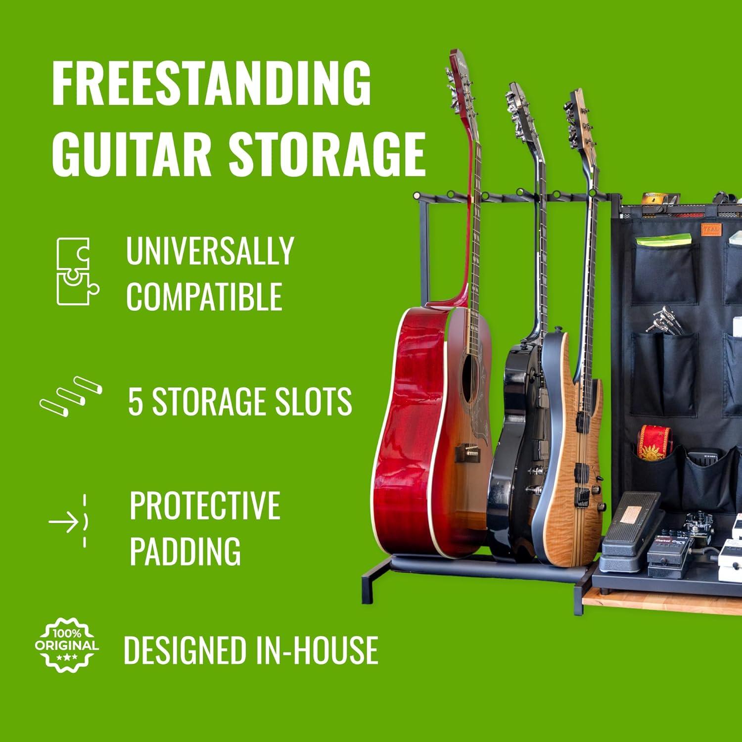 imageThe Headliner Guitar Rack 10 Storage Slots Multiple Guitar Floor Stand for Acoustic and Electric Gray Canvas Storage Pockets Hardwood ShelfGray