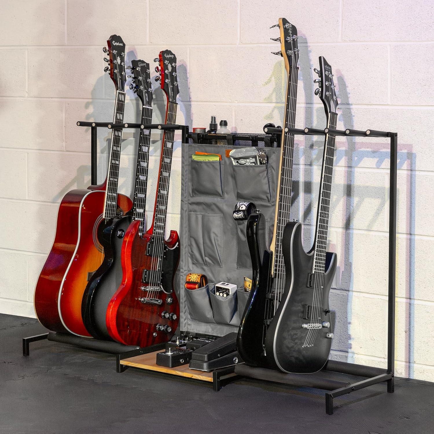 imageThe Headliner Guitar Rack 10 Storage Slots Multiple Guitar Floor Stand for Acoustic and Electric Gray Canvas Storage Pockets Hardwood ShelfGray