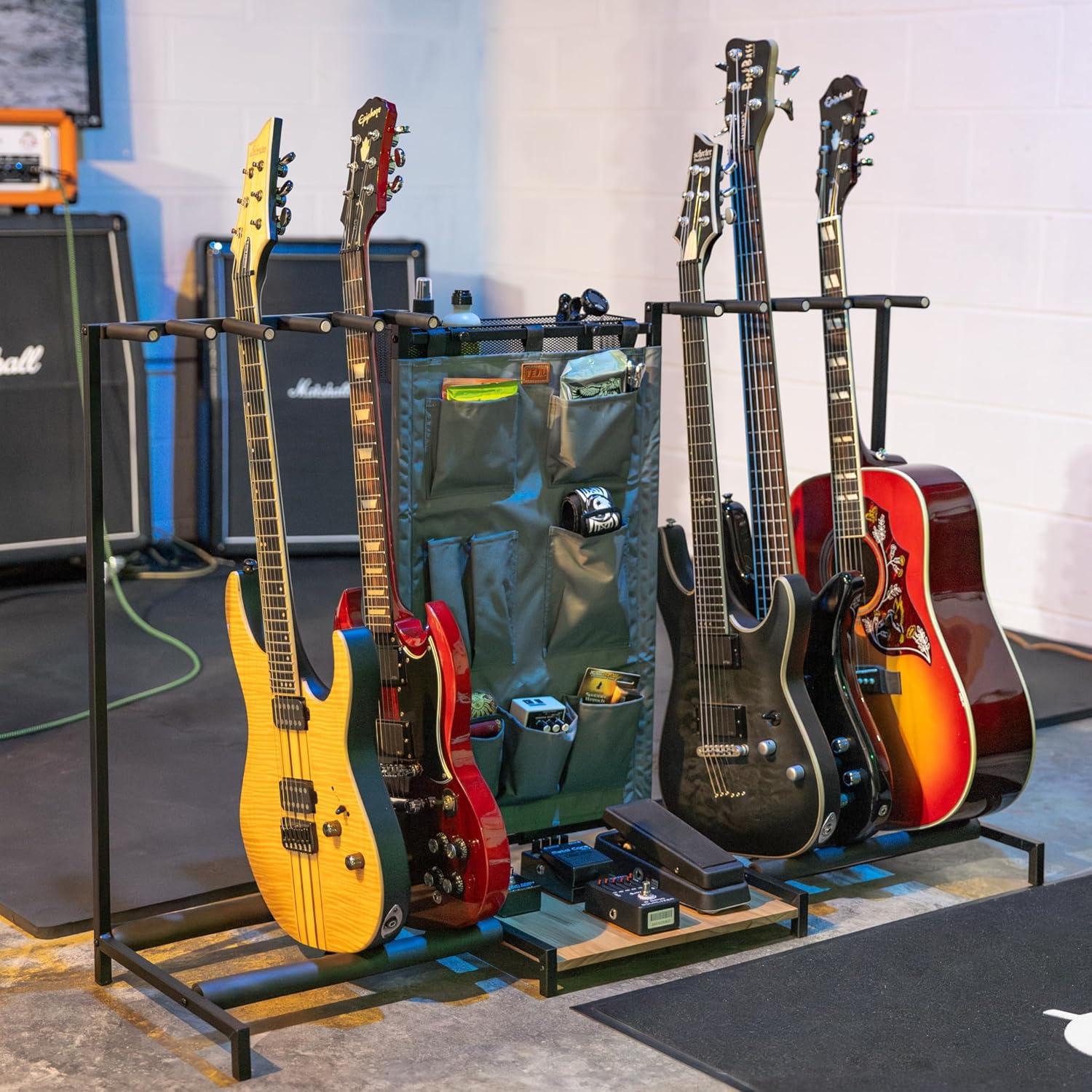 imageThe Headliner Guitar Rack 10 Storage Slots Multiple Guitar Floor Stand for Acoustic and Electric Gray Canvas Storage Pockets Hardwood ShelfGray