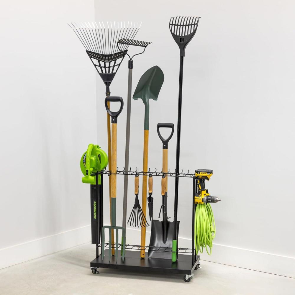 imageShovel Shuttle Mobile Tool Storage Garden Cart on Wheels Freestanding Garden Organizer Holds Rakes Power Tools Rolling Yard Tool Organizer