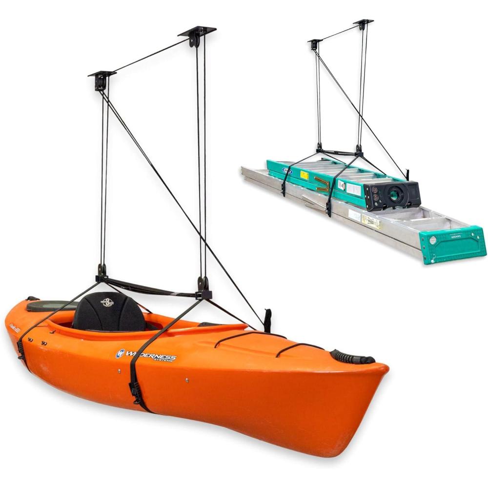 imageStoreYourBoard Garage Storage Ceiling Pulley System 2 Pack Kayak Canoe Cargo Ladder Lift Heavy Duty Holds 150 lbs