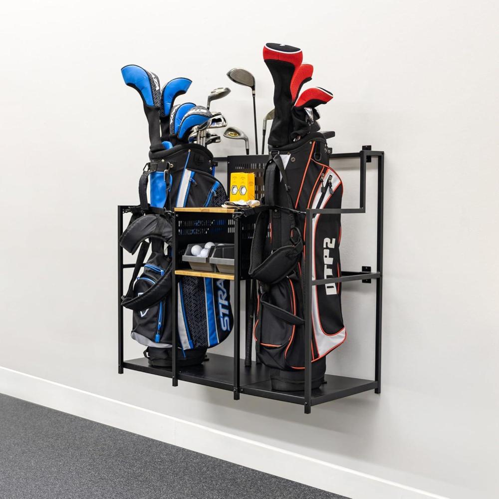 imageTeal Triangle Golf Storage Wall Mount Heavy Duty Garage Golf Rack Natural Hardwood Shelves Holds Golf Clubs Bags Golf Accessories