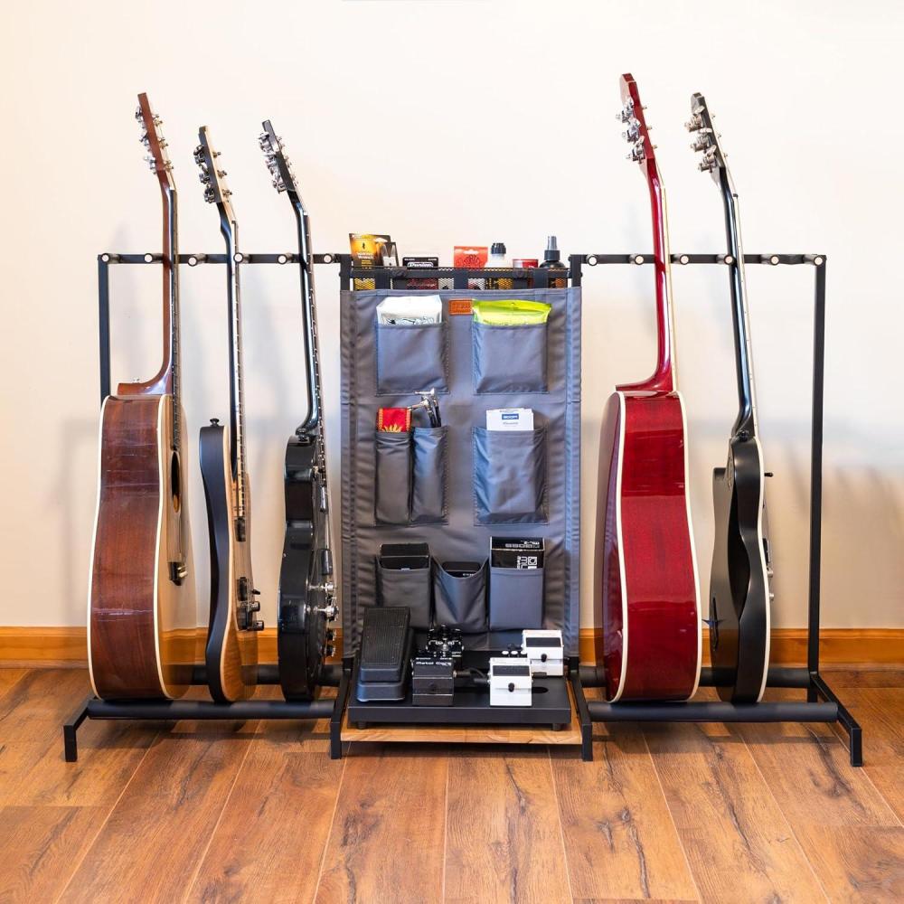 imageThe Headliner Guitar Rack 10 Storage Slots Multiple Guitar Floor Stand for Acoustic and Electric Gray Canvas Storage Pockets Hardwood ShelfGray