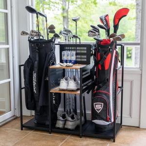 imageTeal Triangle Golf Storage Organizer Heavy Duty Garage Freestanding Storage Holds Golf Clubs Bags Golf Accessories Golf Gifts for MenDouble