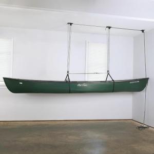 imageTeal Triangle Heavy Duty Elite Canoe Hoist EasyLift Garage Pulley System Holds 150 lbs Fits 8Foot Ceilings Patented NoSlip Strap No Setup Required