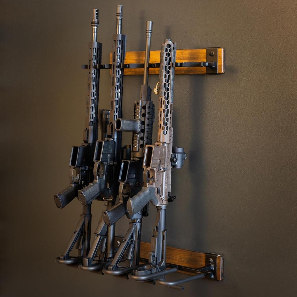 imageBLAT Indoor Gun Rack for Wall Rifle Rack and Shotgun Wall Mount Rustic Wood and Solid Steel Vertical Gun Rack Wall Mount for Home Garage Office or Retail Shop5 Firearms  Wood