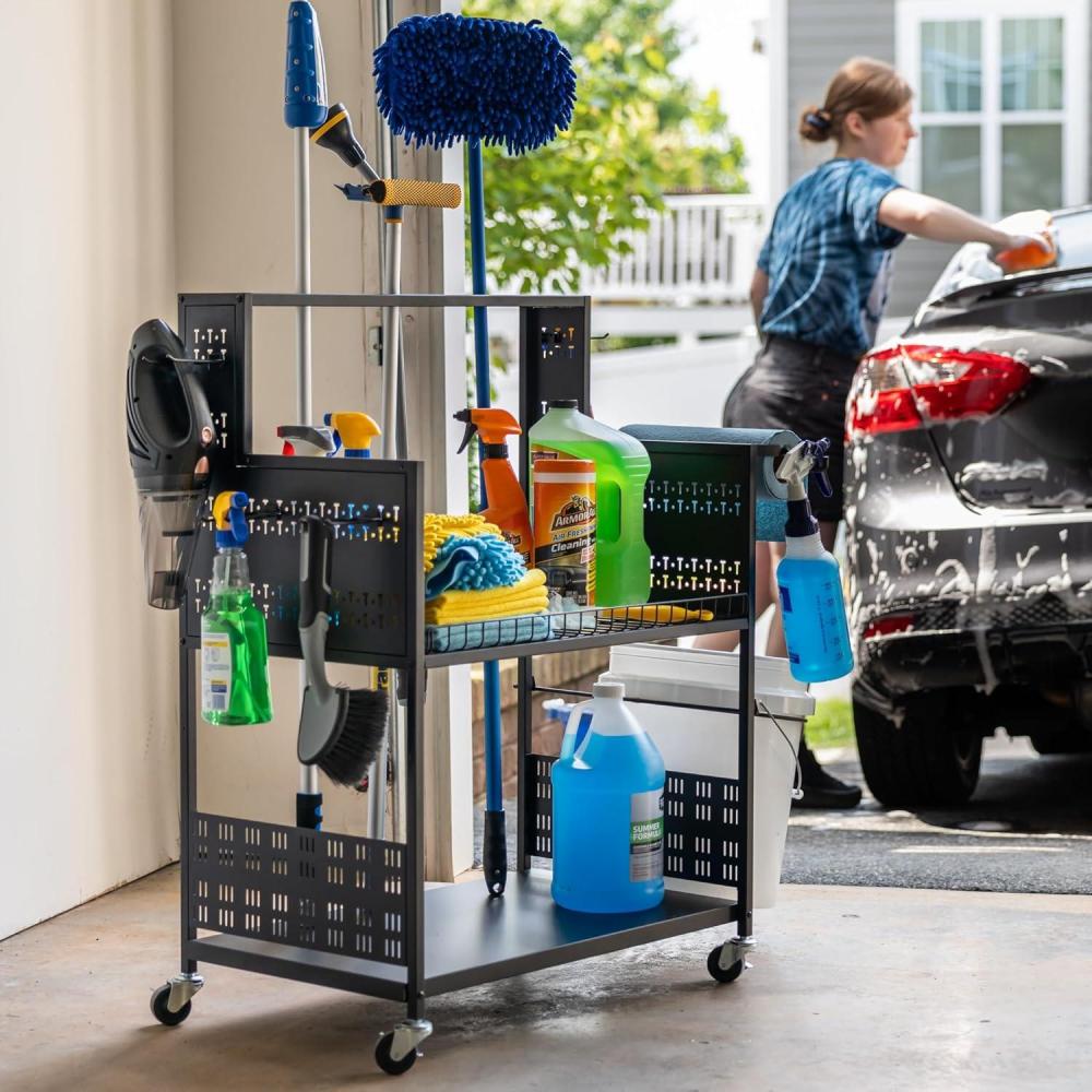 imageLarge Cleaning Caddy with Wheels 3 Tiered Rolling Cart Auto Detailing Cart Car Truck SUV Boat RV Rolling Cleaning Caddy Polisher Holder 37 in x 17 in x 26 in Solid Steel Holds 250 lbs