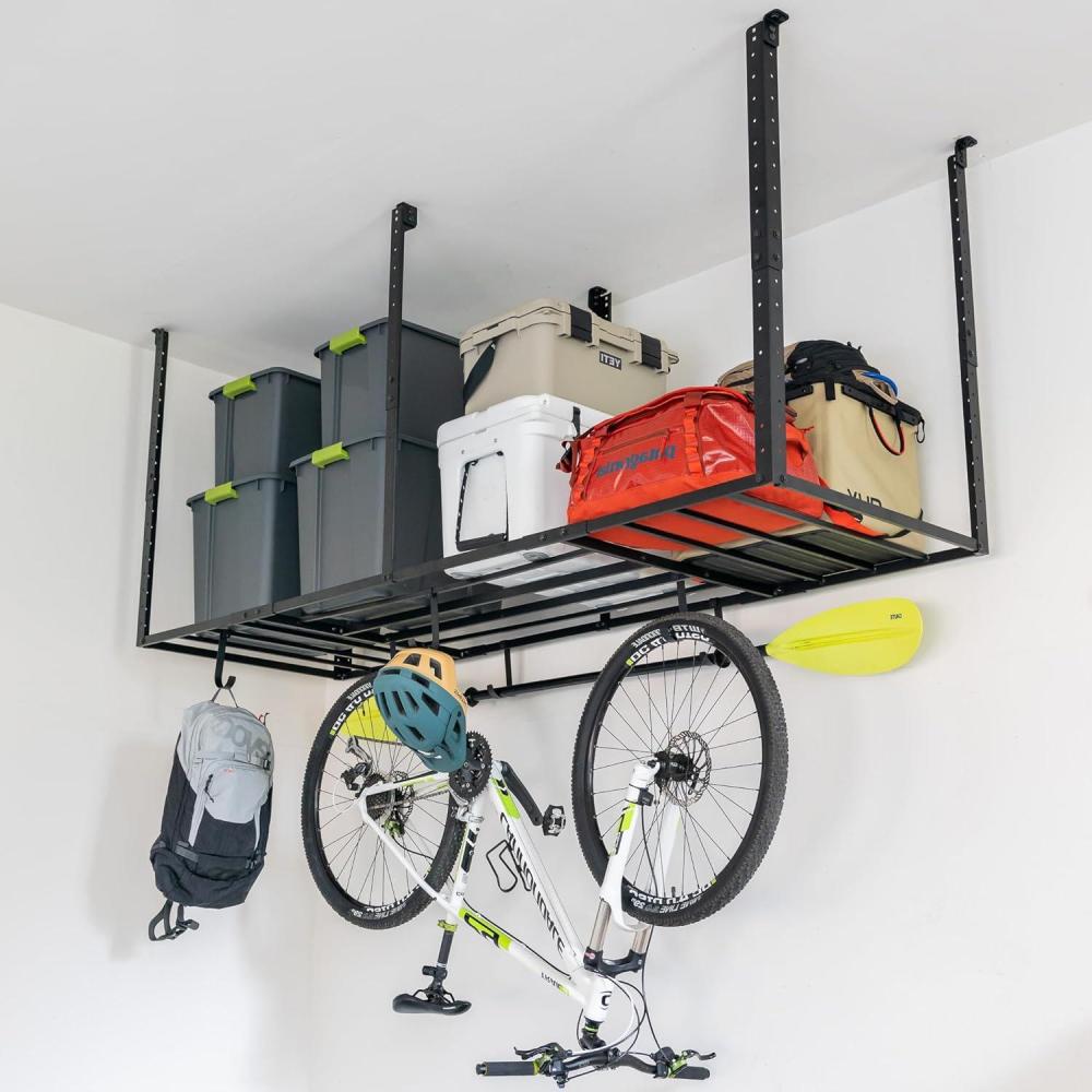 imageStoreYourBoard 4 x 8 Overhead Garage Storage Rack Ceiling Shelf Overhead Organization Heavy Duty Steel Platform Holds 700 lbs 96 in x 48 in x 40 in3 x 8 ft with Hooks