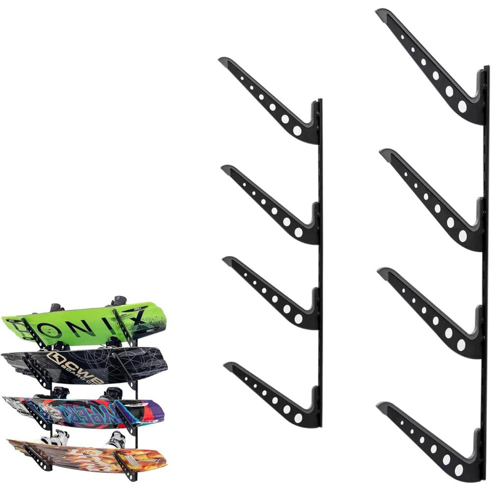 imageStoreYourBoard Adjustable Wakeboard Storage Rack  Wall Mount 4 Level Display Heavy Duty Water Sports Gear Hanger for Wakeboards Wakesurf Boards and More Holds up to 100 lbsBlack