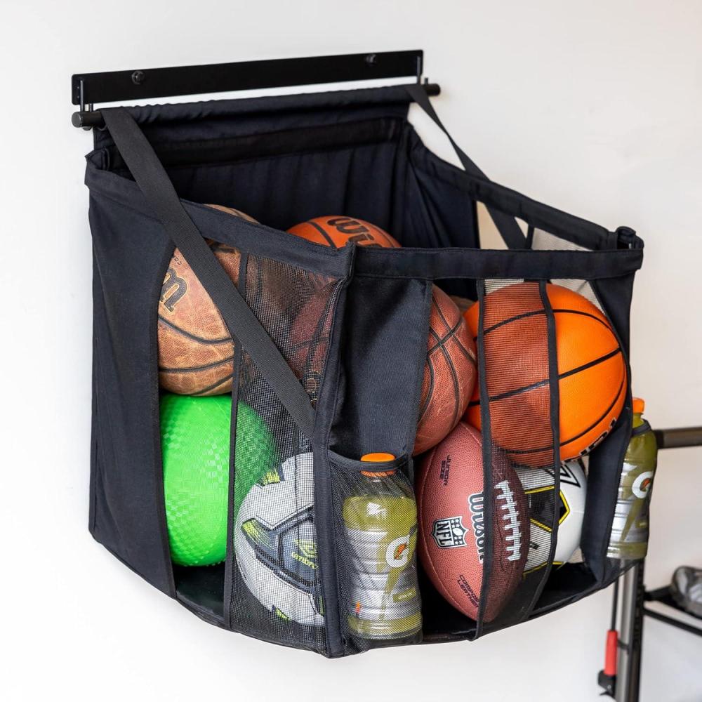 imageStoreYourBoard Basketball Wall Mount Sports Ball Rack 20x18x22 Ball Storage for 50 lbs of Basketballs Soccer Balls Volleyballs Footballs Openings for Easy Access Garage Organization