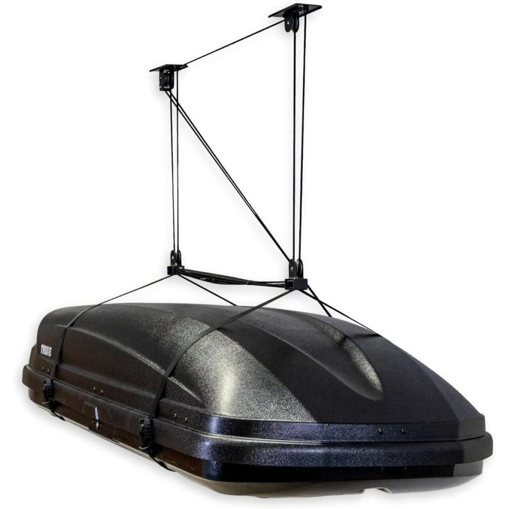 imageStoreYourBoard Cargo Box Ceiling Hoist  HeavyDuty Garage Pulley Lift System for Rooftop Carriers Fits 810 ft Ceilings Cargo Box Storage Garage Organization Holds 150 lbs8  10 ft Ceiling