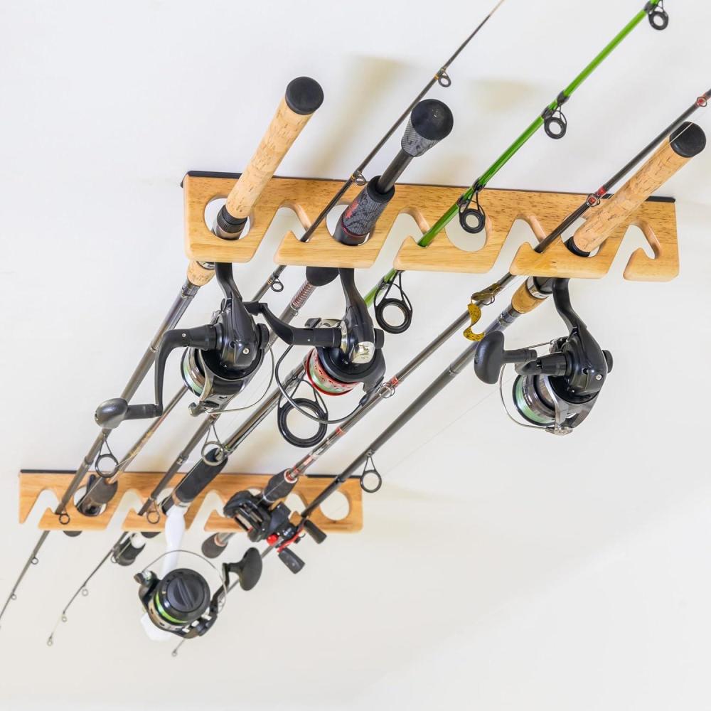 imageStoreYourBoard Stillwater Fishing Pole Holders for Garage Wall and Ceiling Storage Rack for Fishing Rods Solid Wood Garage Organizer Holds 8 Rods or Combos up to 40 lbs