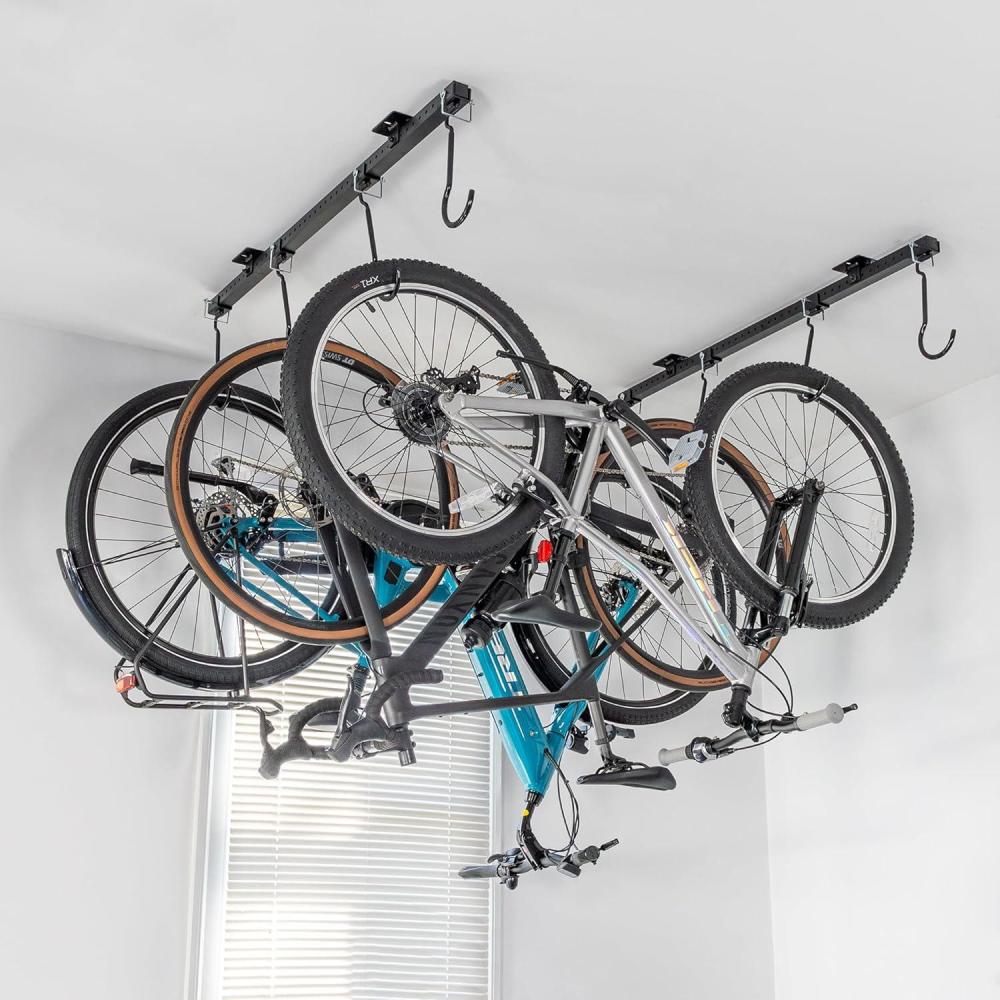 imageTeal Triangle Ceiling Mounted Bike Rack for Garage  Premium Bicycle Stand ampamp Hanger for SpaceSaving Storage  Adjustable Ceiling Hooks Hold 48 Bikes  Indoor Bicycle Rack System for basement