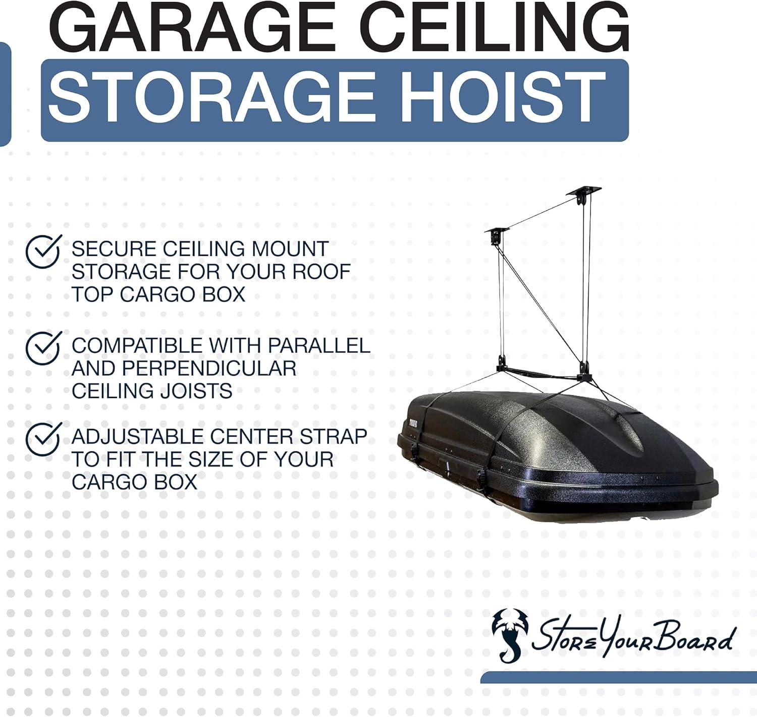 imageStoreYourBoard Cargo Box Pulley System  HeavyDuty Garage Hoist Lift for Rooftop Carriers  Garage Storage ampamp Garage Organization Ceiling Hoist with Pulley  Holds 150 lbs  Fits 1014 ft Ceilings1014 ft Ceiling