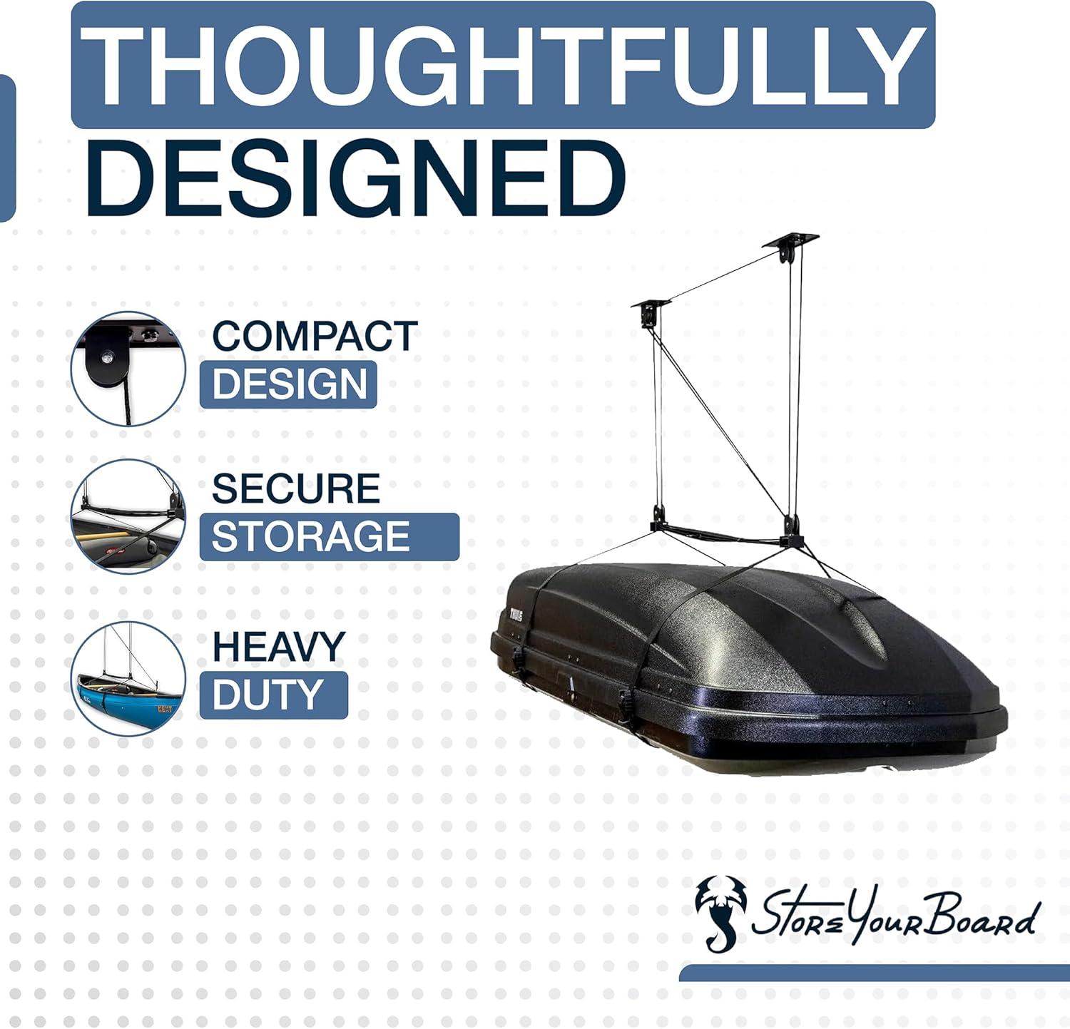 imageStoreYourBoard Cargo Box Pulley System  HeavyDuty Garage Hoist Lift for Rooftop Carriers  Garage Storage ampamp Garage Organization Ceiling Hoist with Pulley  Holds 150 lbs  Fits 1014 ft Ceilings1014 ft Ceiling