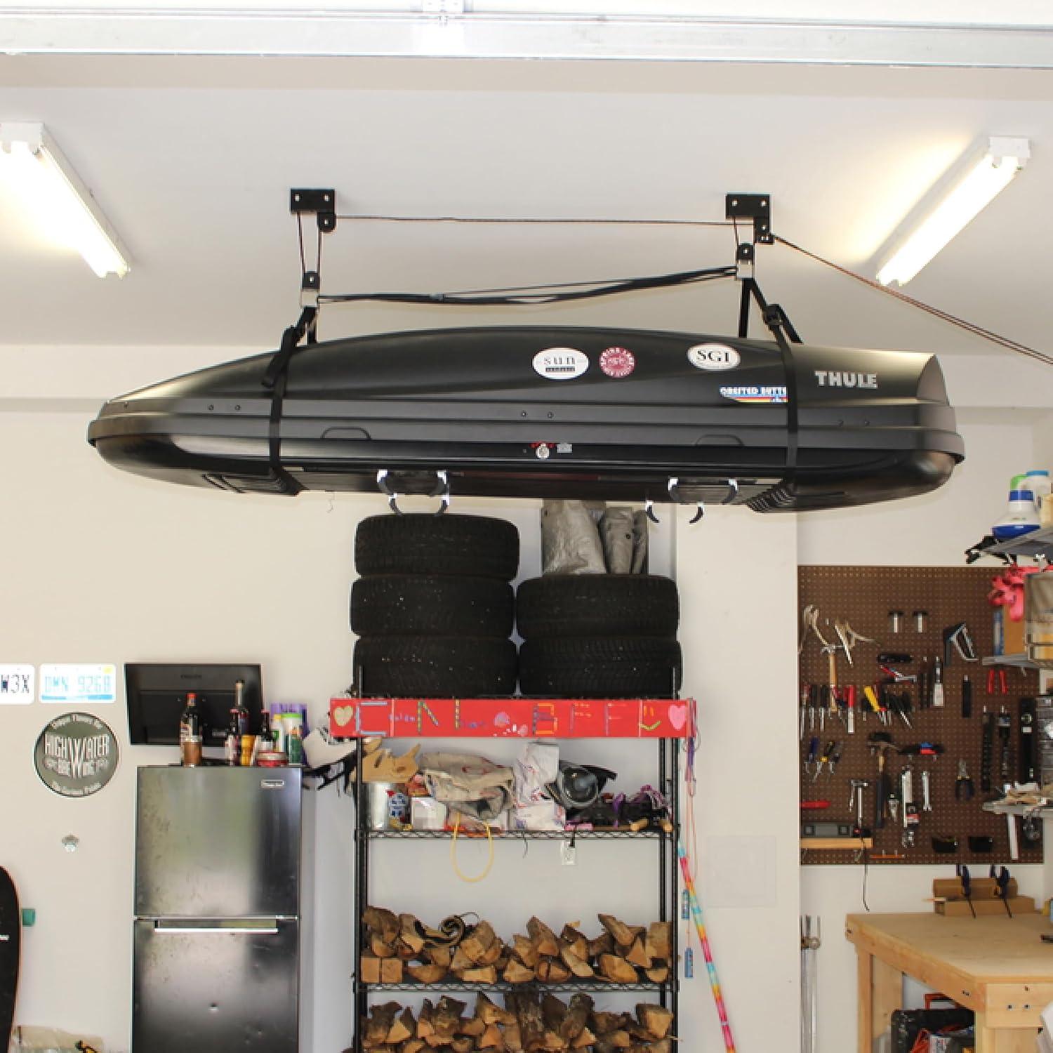 imageStoreYourBoard Cargo Box Pulley System  HeavyDuty Garage Hoist Lift for Rooftop Carriers  Garage Storage ampamp Garage Organization Ceiling Hoist with Pulley  Holds 150 lbs  Fits 1014 ft Ceilings1014 ft Ceiling