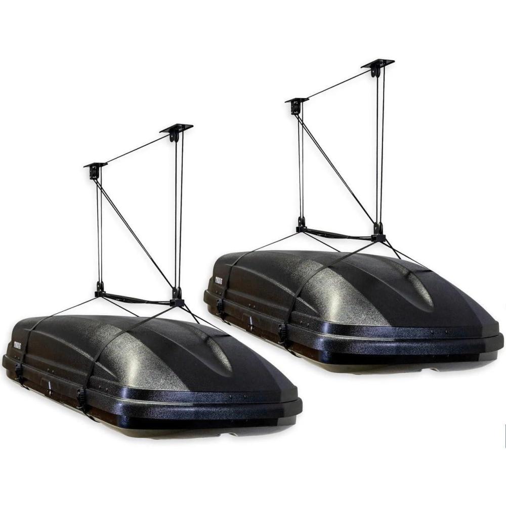 imageStoreYourBoard Cargo Box Pulley System  HeavyDuty Garage Hoist Lift for Rooftop Carriers  Garage Storage ampamp Garage Organization Ceiling Hoist with Pulley  Holds 150 lbs  Fits 1014 ft Ceilings1014 ft Ceiling