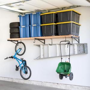 imageStoreYourBoard 24 Inch Heavy Duty Shelf Brackets Set of 3 for 2 x 8 DIY Garage Wall Shelf Holds 450 lbs Solid Steel Includes 5 Hooks for Hanging Storage 2375quot x 1quot x 95quot 3Pack2 x 8