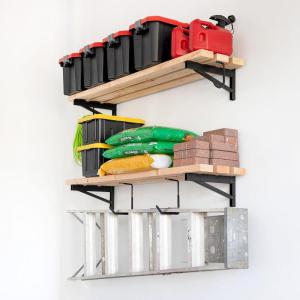 imageStoreYourBoard 24 Inch Heavy Duty Shelf Brackets Set of 3 for 2 x 8 DIY Garage Wall Shelf Holds 450 lbs Solid Steel Includes 5 Hooks for Hanging Storage 2375quot x 1quot x 95quot 3Pack1 x 4